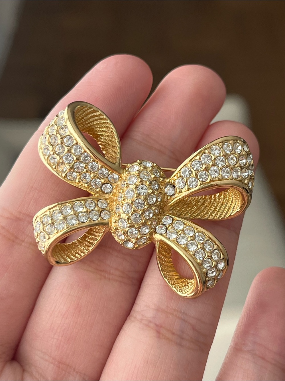 Authentic Vintage Dior Bow Tie Ribbon Knot Rhinestone Gold Brooch Pin Cute